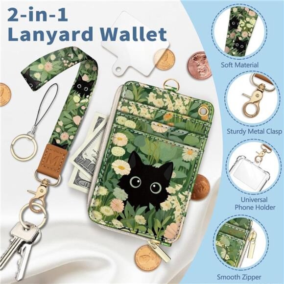 Floral Cat Lanyard Wallet ID Badge Holder RFID Keychain Wristlet Card Holder - Picture 4 of 7